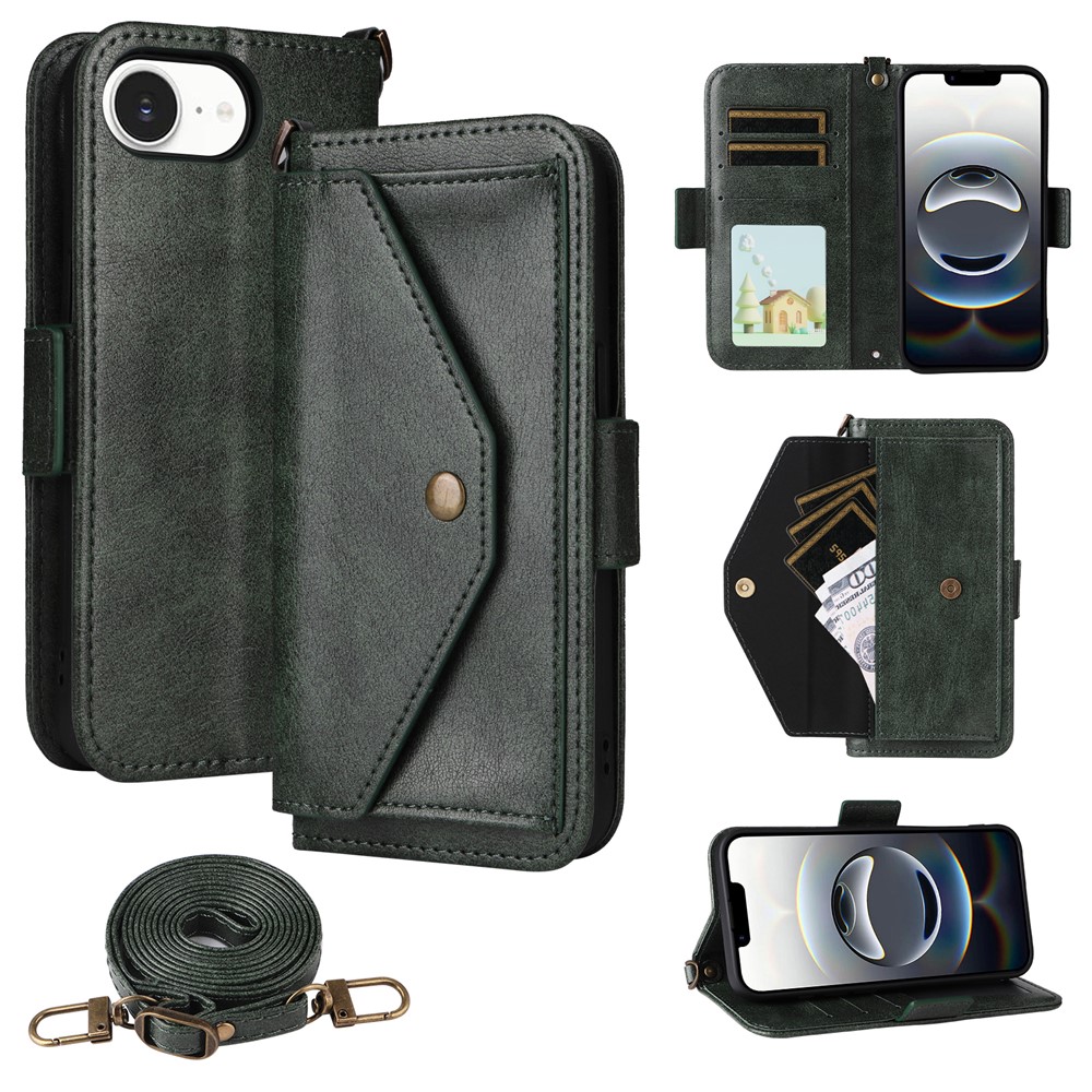 For iPhone 16e Leather Case Magnetic Closure Wallet Stand Phone Cover with Crossbody Strap - Green