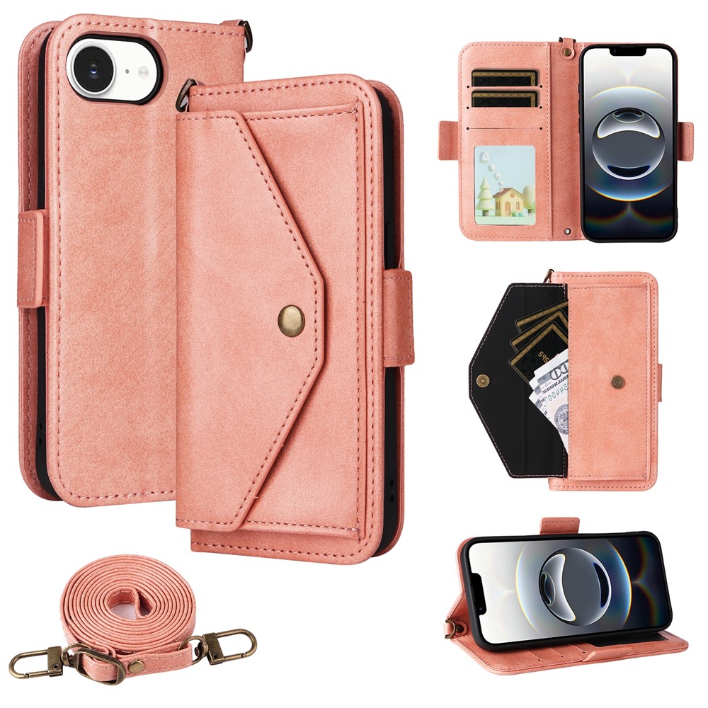 For iPhone 16e Leather Case Magnetic Closure Wallet Stand Phone Cover with Crossbody Strap - Pink