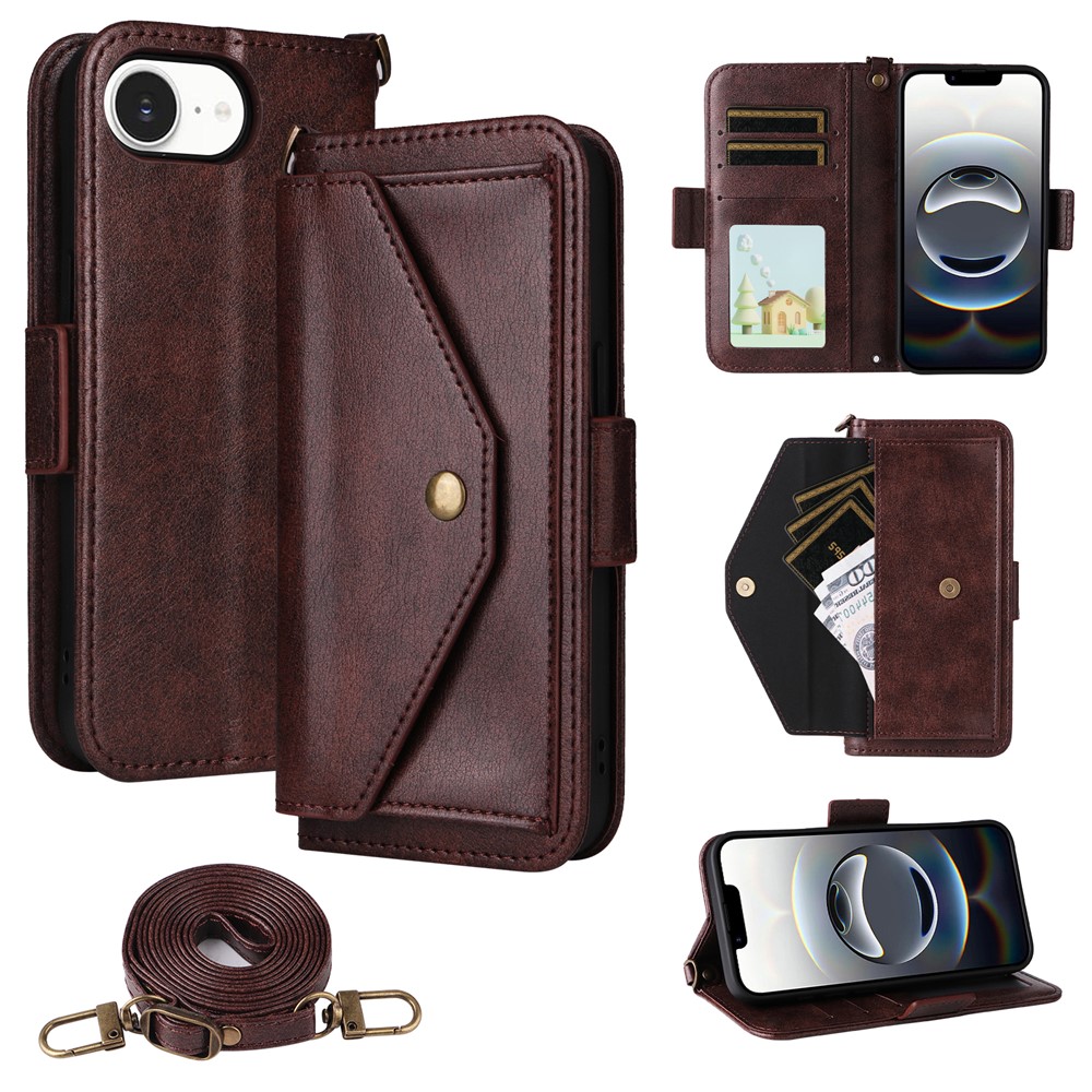 For iPhone 16e Leather Case Magnetic Closure Wallet Stand Phone Cover with Crossbody Strap - Brown