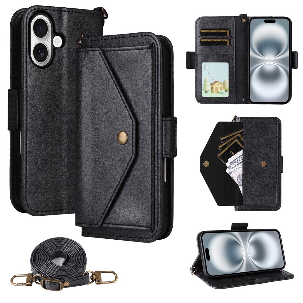 For iPhone 16 Plus Leather Case Magnetic Closure Wallet Stand Phone Cover with Crossbody Strap - Black