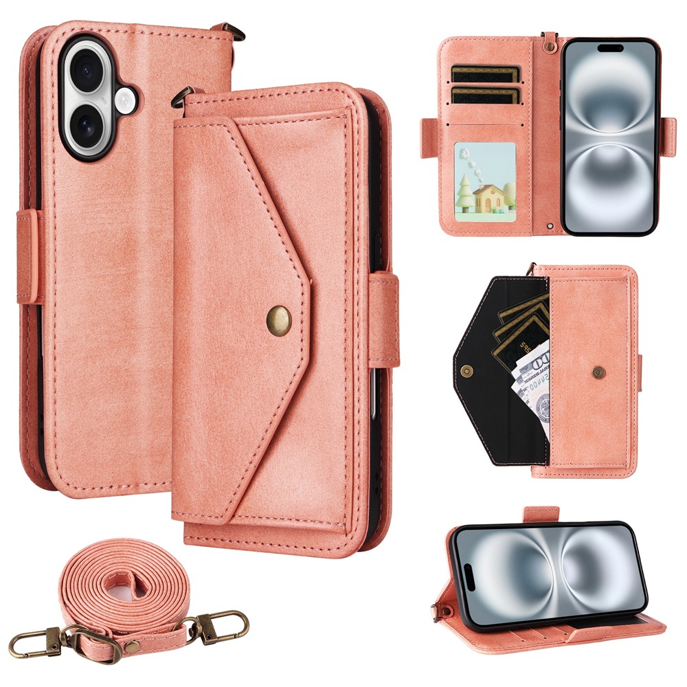 For iPhone 16 Plus Leather Case Magnetic Closure Wallet Stand Phone Cover with Crossbody Strap - Pink