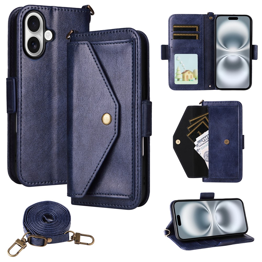 For iPhone 16 Plus Leather Case Magnetic Closure Wallet Stand Phone Cover with Crossbody Strap - Blue