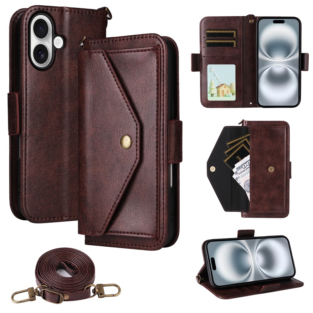 For iPhone 16 Plus Leather Case Magnetic Closure Wallet Stand Phone Cover with Crossbody Strap - Brown