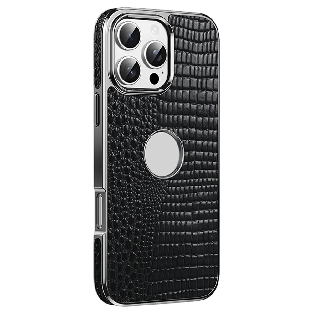 For iPhone 16 Pro Magnetic Case Genuine Cow Leather Hybrid Phone Cover Crocodile Texture Electroplated - Black