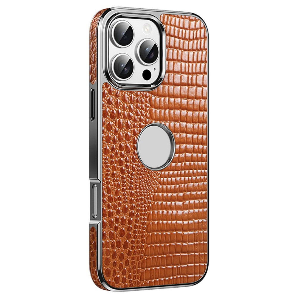 For iPhone 16 Pro Magnetic Case Genuine Cow Leather Hybrid Phone Cover Crocodile Texture Electroplated - Brown