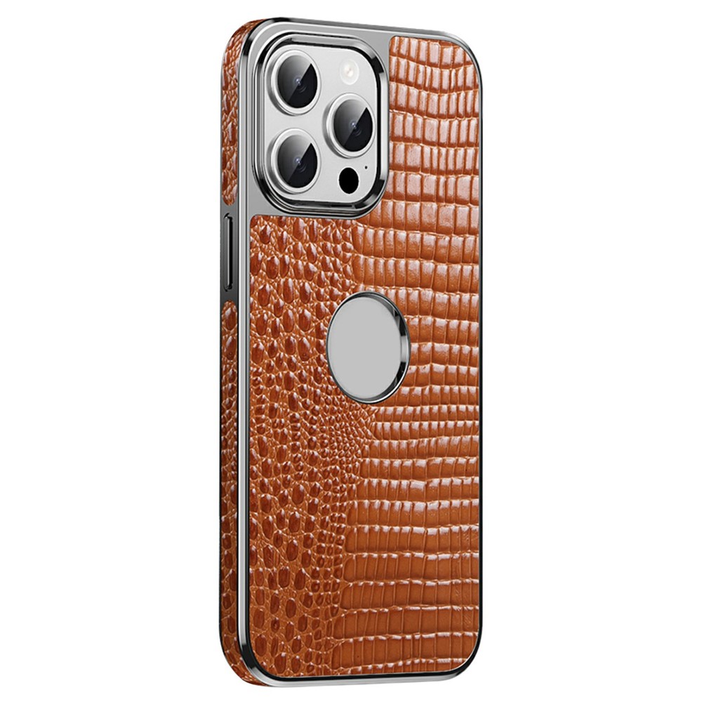 For iPhone 15 Pro Magnetic Case Genuine Cow Leather Hybrid Phone Cover Crocodile Texture Electroplated - Brown