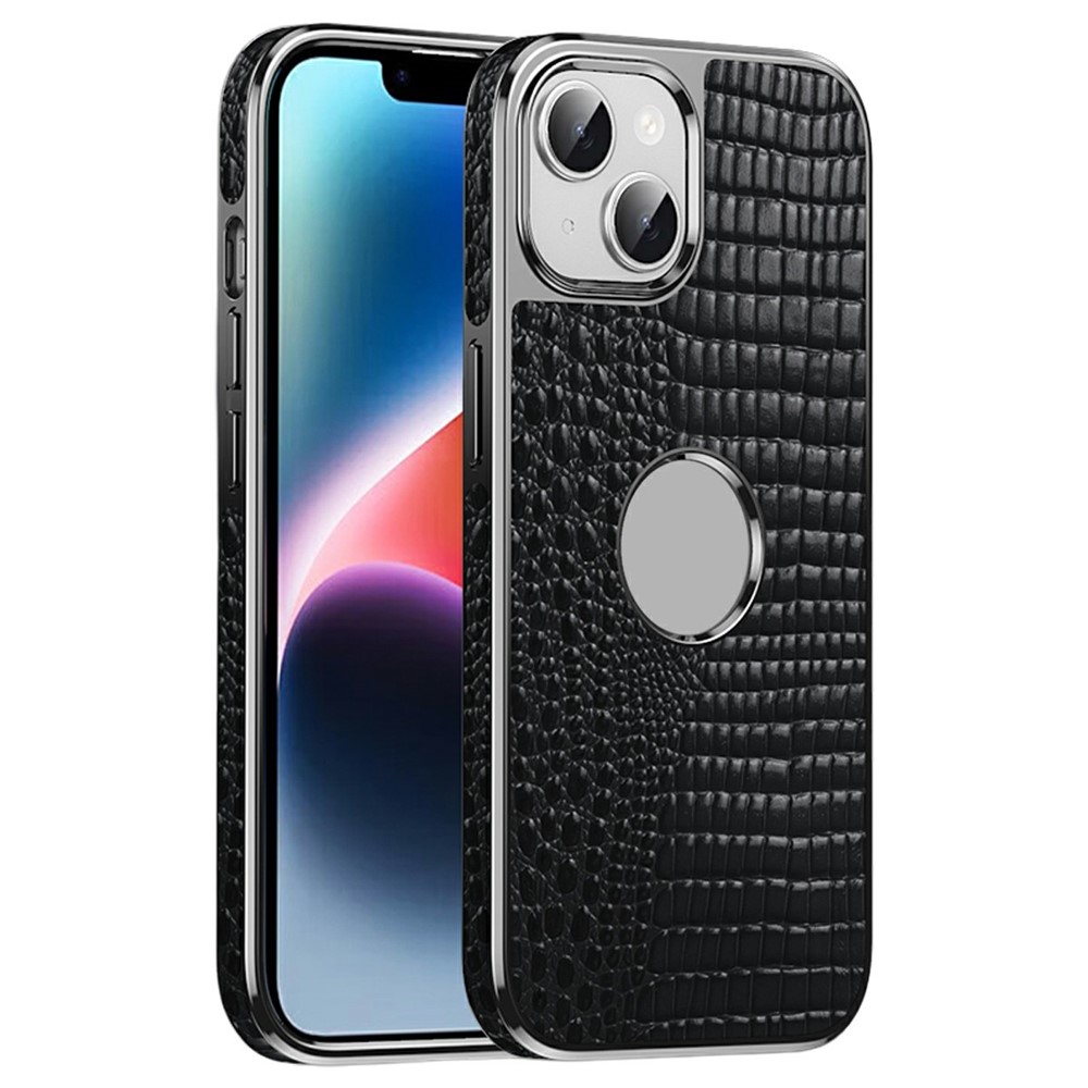For iPhone 15 Magnetic Case Genuine Cow Leather Hybrid Phone Cover Crocodile Texture Electroplated - Black