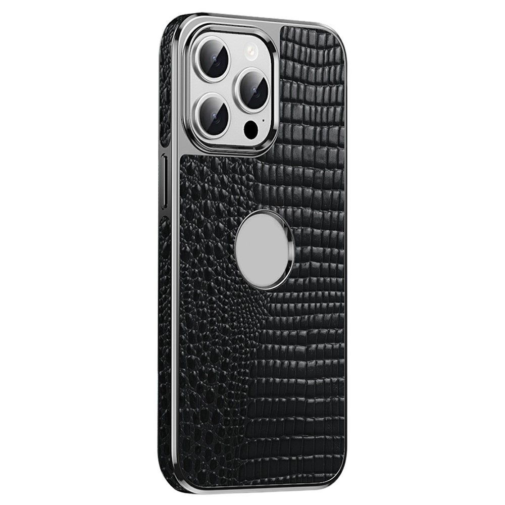 For iPhone 14 Pro Max Magnetic Case Genuine Cow Leather Hybrid Phone Cover Crocodile Texture Electroplated - Black