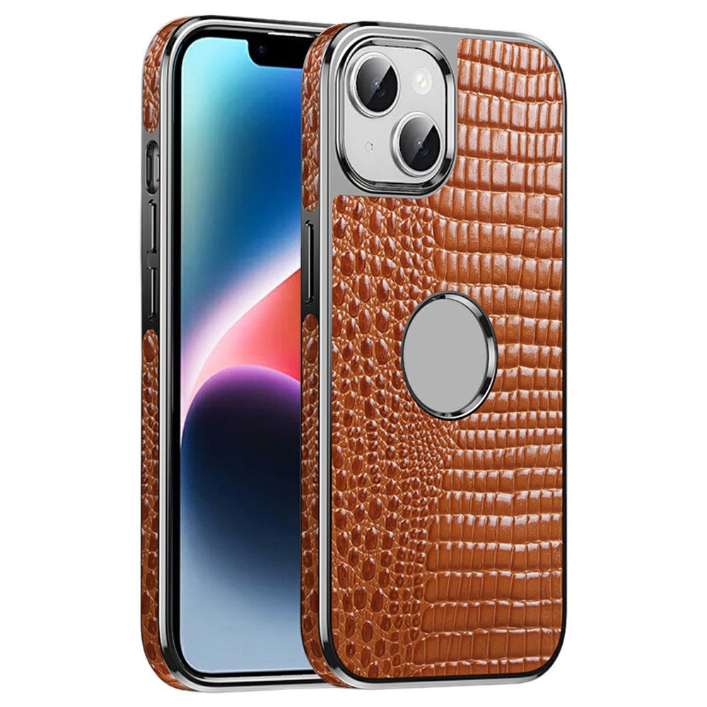 For iPhone 14 Magnetic Case Genuine Cow Leather Hybrid Phone Cover Crocodile Texture Electroplated - Brown