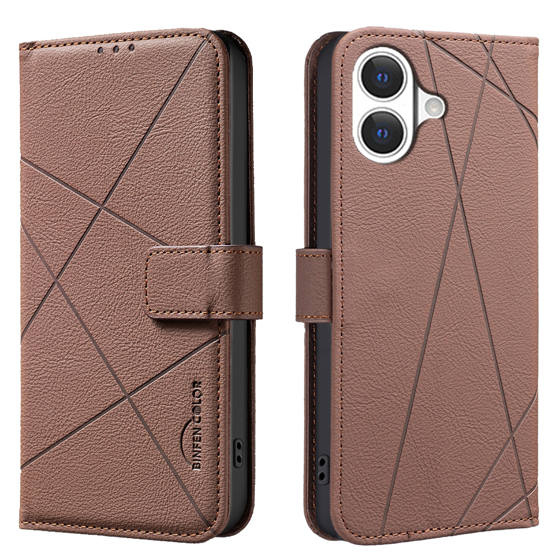 For iPhone 17 Case BINFEN COLOR BF35 Geometry Imprinted Leather Phone Cover RFID Blocking Wallet Stand - Brown
