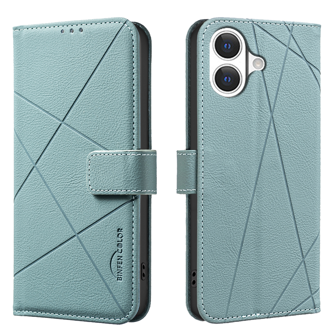 For iPhone 17 Case BINFEN COLOR BF35 Geometry Imprinted Leather Phone Cover RFID Blocking Wallet Stand - Green