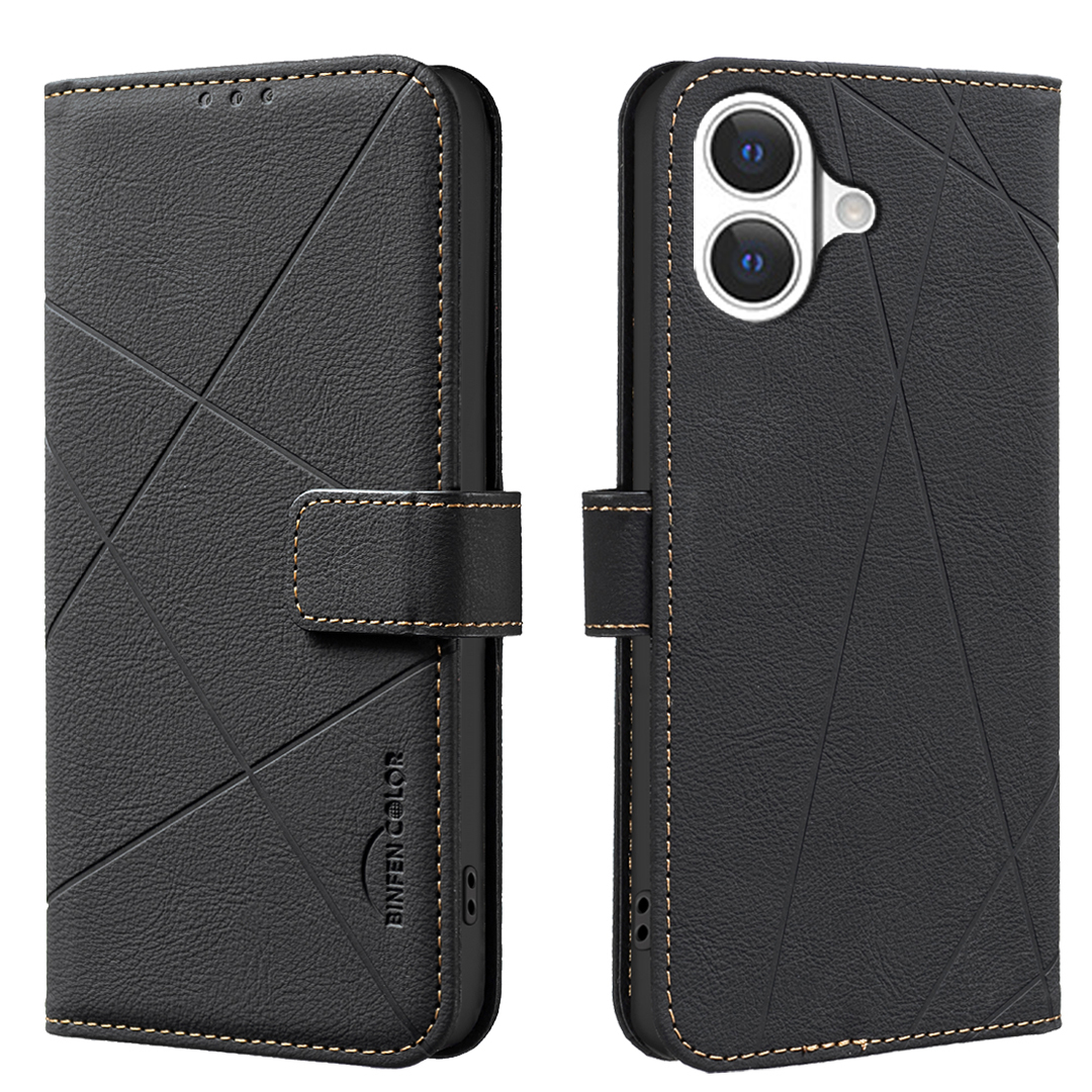 For iPhone 17 Case BINFEN COLOR BF35 Geometry Imprinted Leather Phone Cover RFID Blocking Wallet Stand - Black