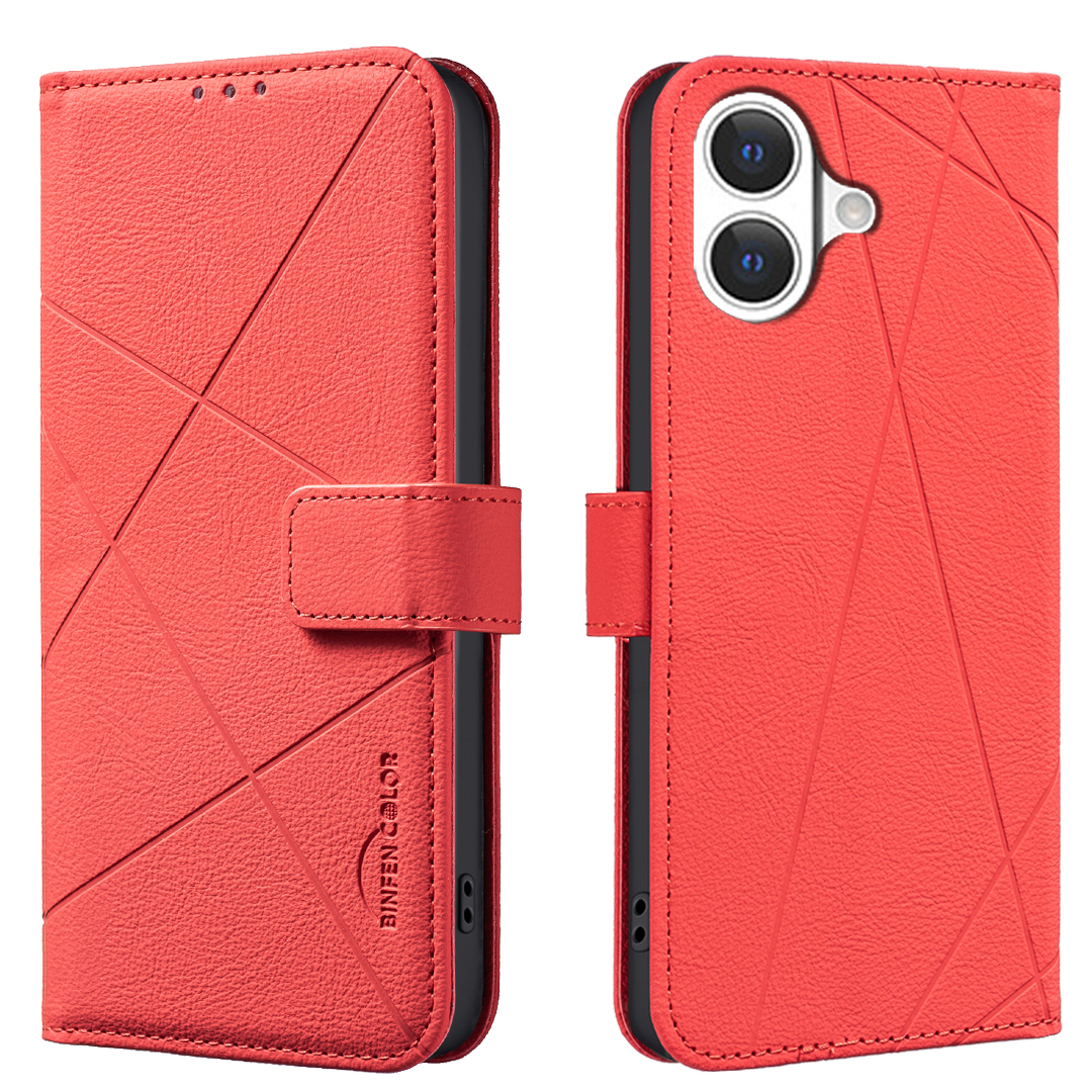 For iPhone 17 Case BINFEN COLOR BF35 Geometry Imprinted Leather Phone Cover RFID Blocking Wallet Stand - Red