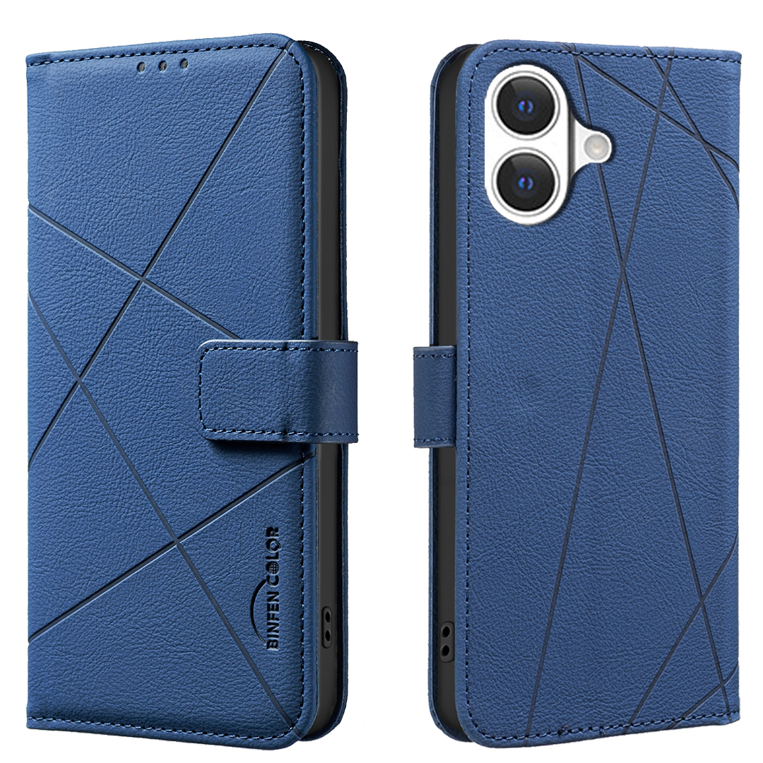For iPhone 17 Case BINFEN COLOR BF35 Geometry Imprinted Leather Phone Cover RFID Blocking Wallet Stand - Blue