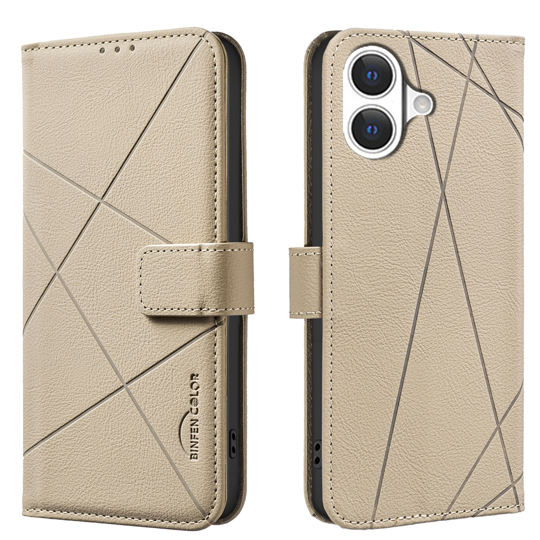 For iPhone 17 Case BINFEN COLOR BF35 Geometry Imprinted Leather Phone Cover RFID Blocking Wallet Stand - Beige
