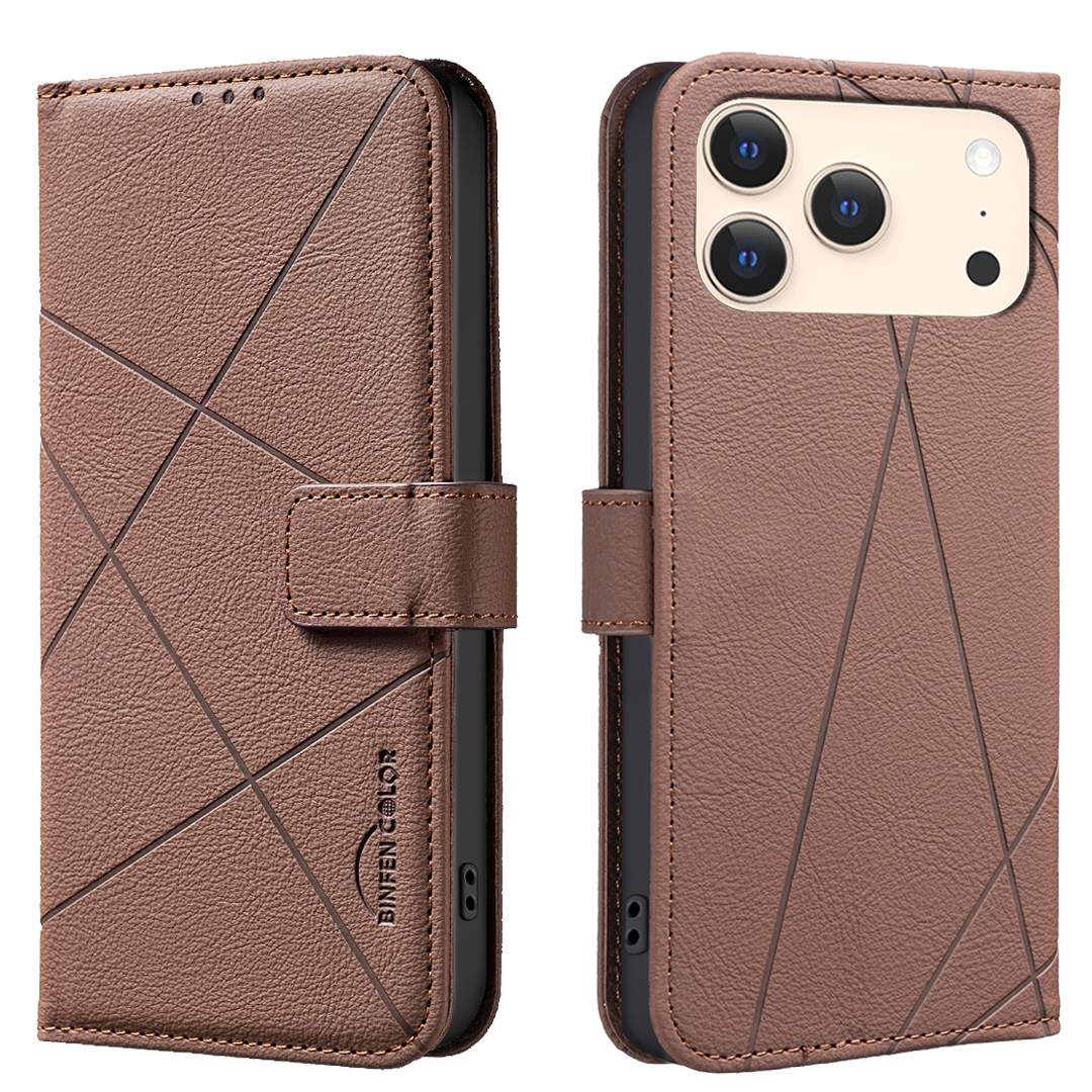 For iPhone 17 Pro Case BINFEN COLOR BF35 Geometry Imprinted Leather Phone Cover RFID Blocking Wallet Stand - Brown