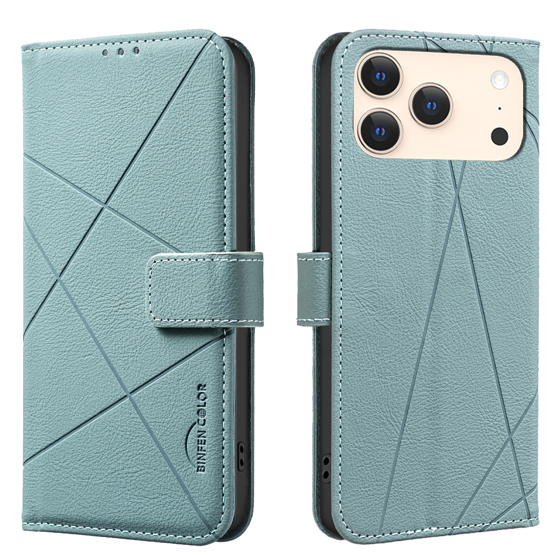 For iPhone 17 Pro Case BINFEN COLOR BF35 Geometry Imprinted Leather Phone Cover RFID Blocking Wallet Stand - Green