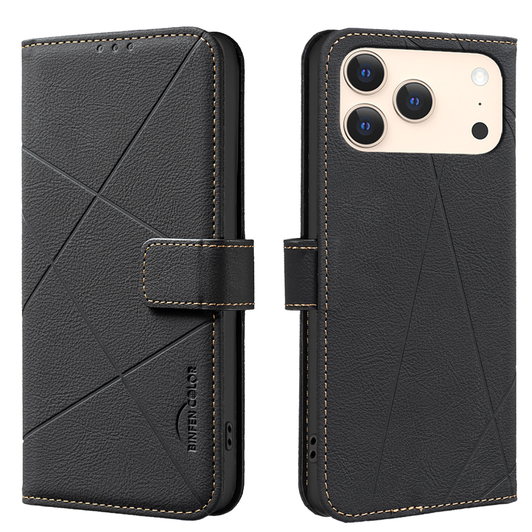For iPhone 17 Pro Case BINFEN COLOR BF35 Geometry Imprinted Leather Phone Cover RFID Blocking Wallet Stand - Black