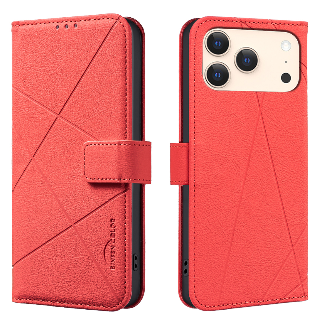 For iPhone 17 Pro Case BINFEN COLOR BF35 Geometry Imprinted Leather Phone Cover RFID Blocking Wallet Stand - Red