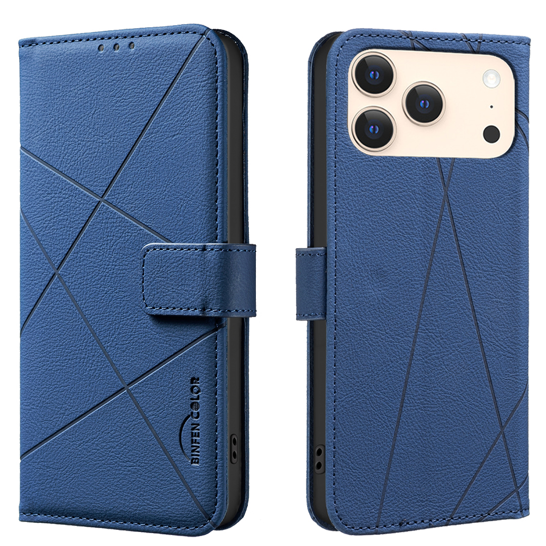 For iPhone 17 Pro Max Case BINFEN COLOR BF35 Geometry Imprinted Leather Phone Cover RFID Blocking Wallet Stand - Blue