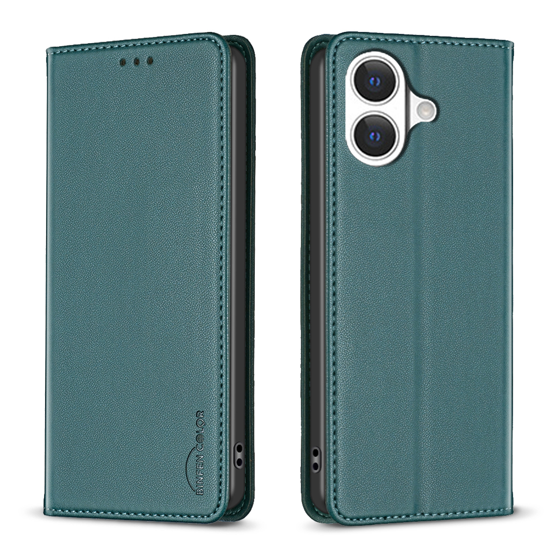 For iPhone 17 Leather Case BINFEN COLOR BF18 Phone Stand Cover with Card Slots - Green