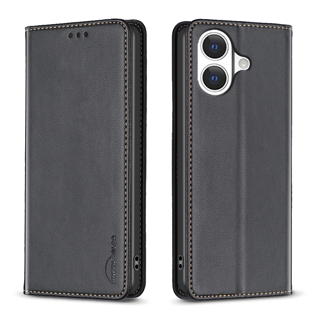 For iPhone 17 Leather Case BINFEN COLOR BF18 Phone Stand Cover with Card Slots - Black