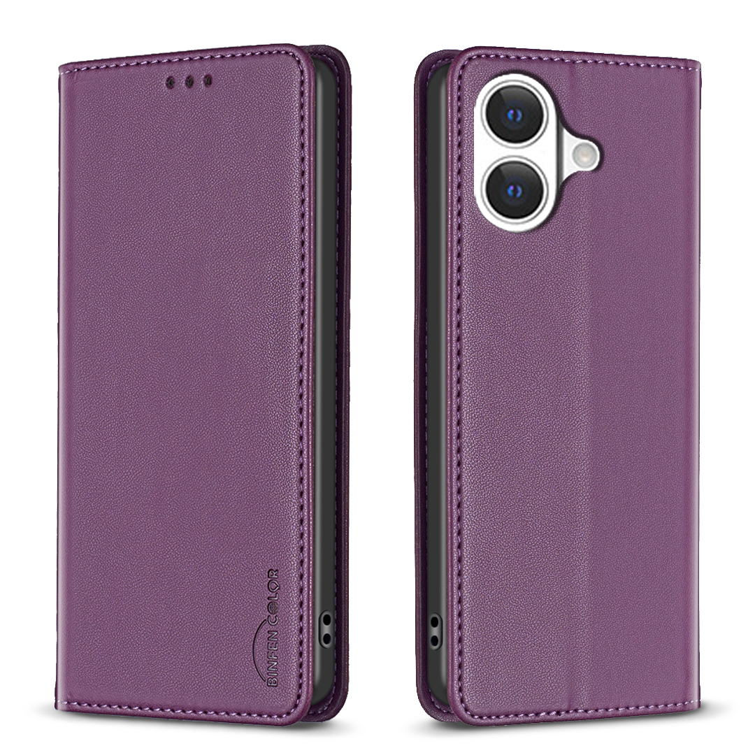 For iPhone 17 Leather Case BINFEN COLOR BF18 Phone Stand Cover with Card Slots - Dark Purple