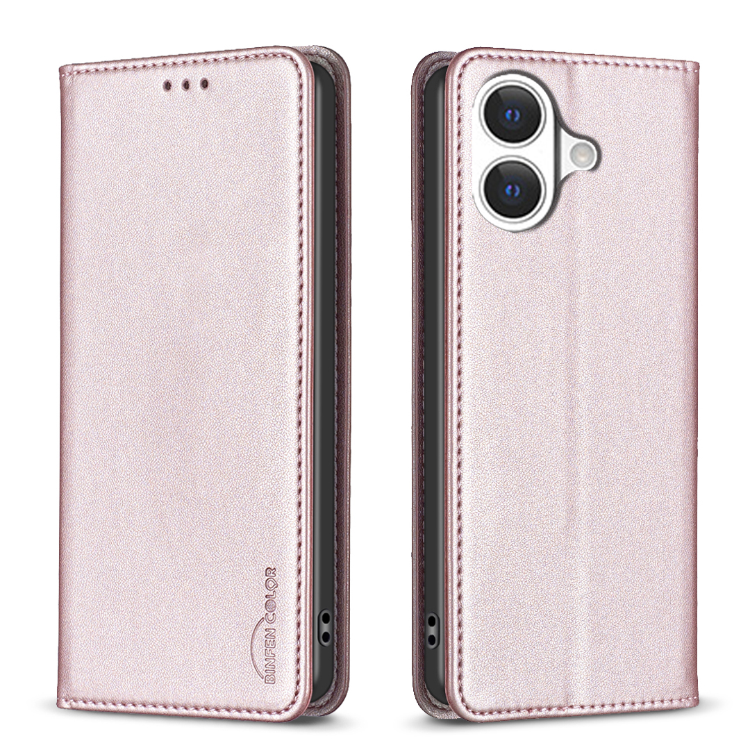 For iPhone 17 Leather Case BINFEN COLOR BF18 Phone Stand Cover with Card Slots - Rose Gold