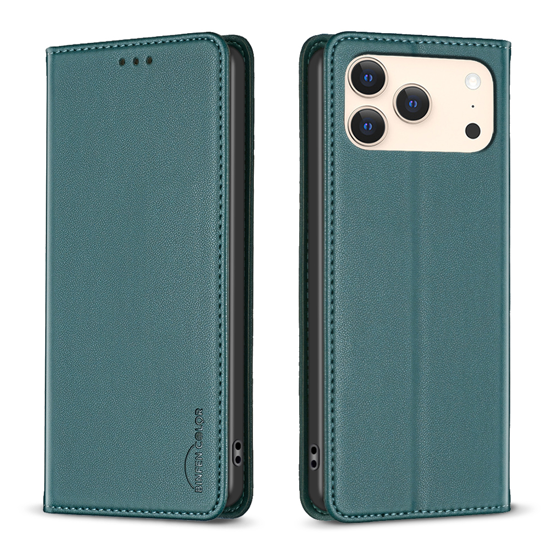For iPhone 17 Pro Max Leather Case BINFEN COLOR BF18 Phone Stand Cover with Card Slots - Green