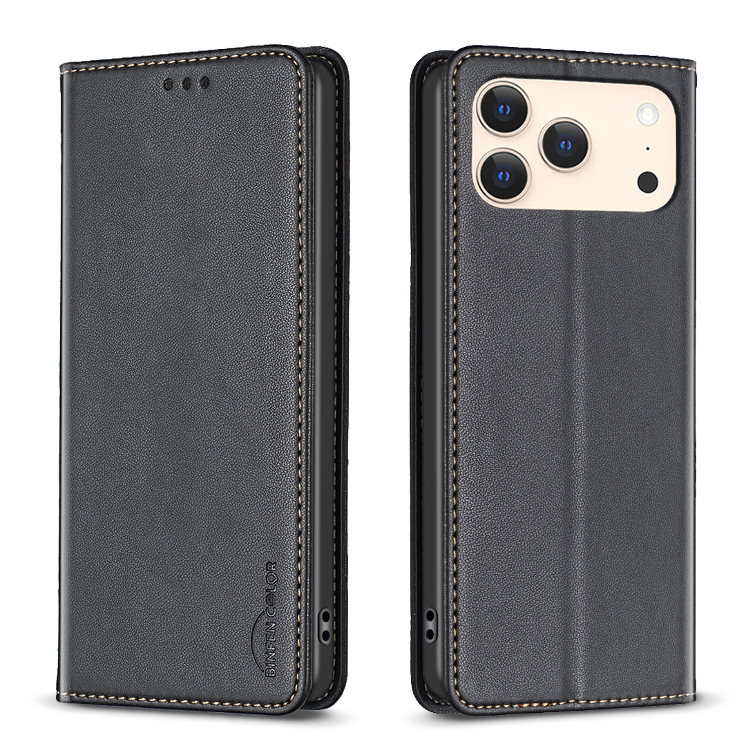 For iPhone 17 Pro Leather Case BINFEN COLOR BF18 Phone Stand Cover with Card Slots - Black
