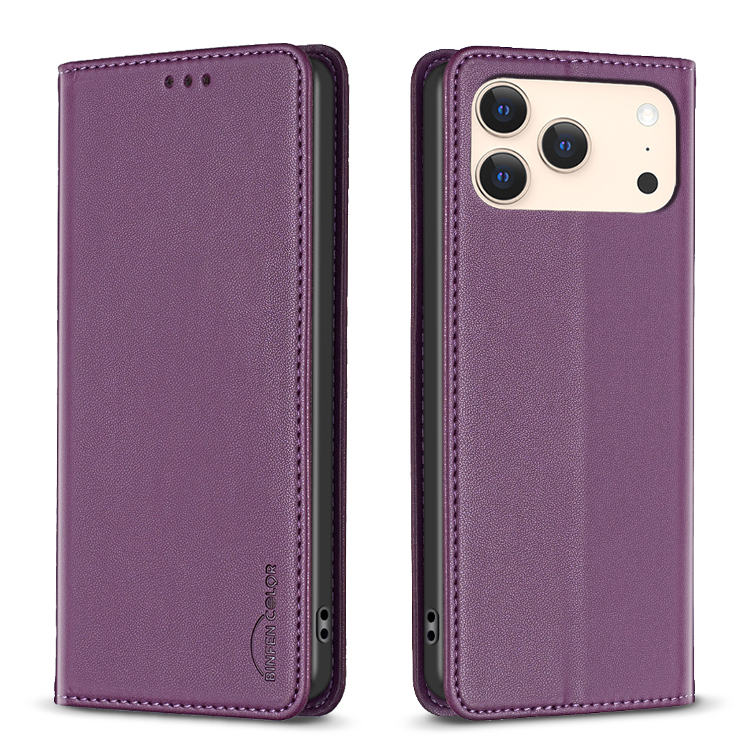 For iPhone 17 Pro Leather Case BINFEN COLOR BF18 Phone Stand Cover with Card Slots - Dark Purple