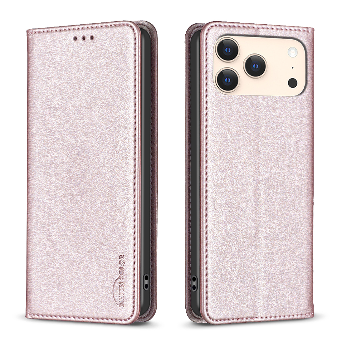 For iPhone 17 Pro Leather Case BINFEN COLOR BF18 Phone Stand Cover with Card Slots - Rose Gold