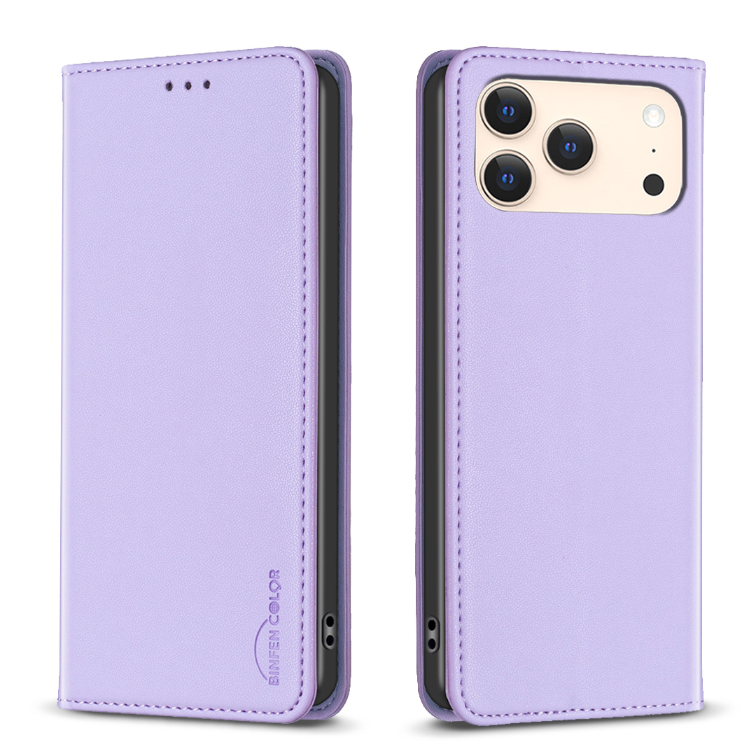 For iPhone 17 Pro Leather Case BINFEN COLOR BF18 Phone Stand Cover with Card Slots - Purple
