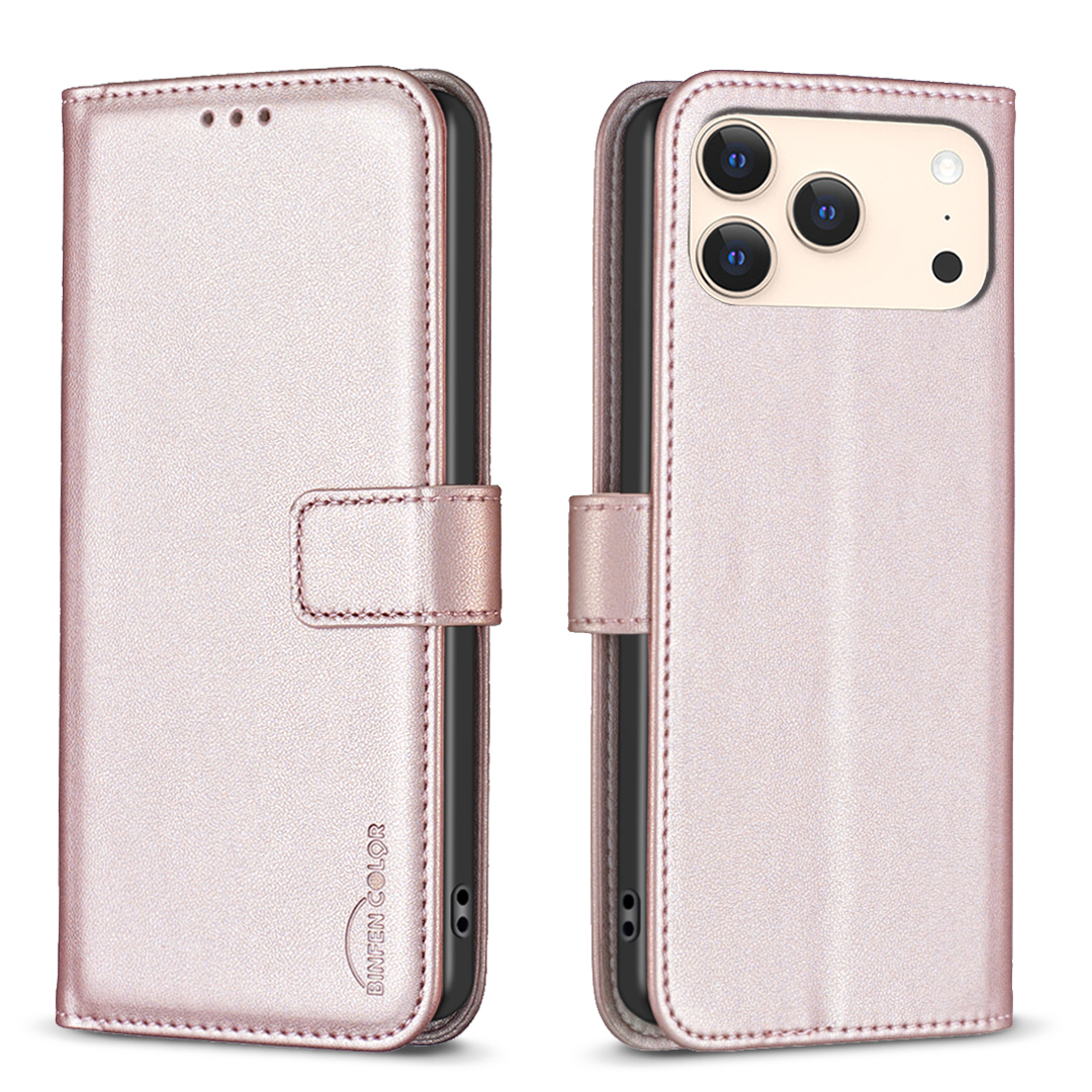 For iPhone 17 Pro Phone Case BINFEN COLOR BF17 Wallet Folio Flip Leather Cover - Rose Gold