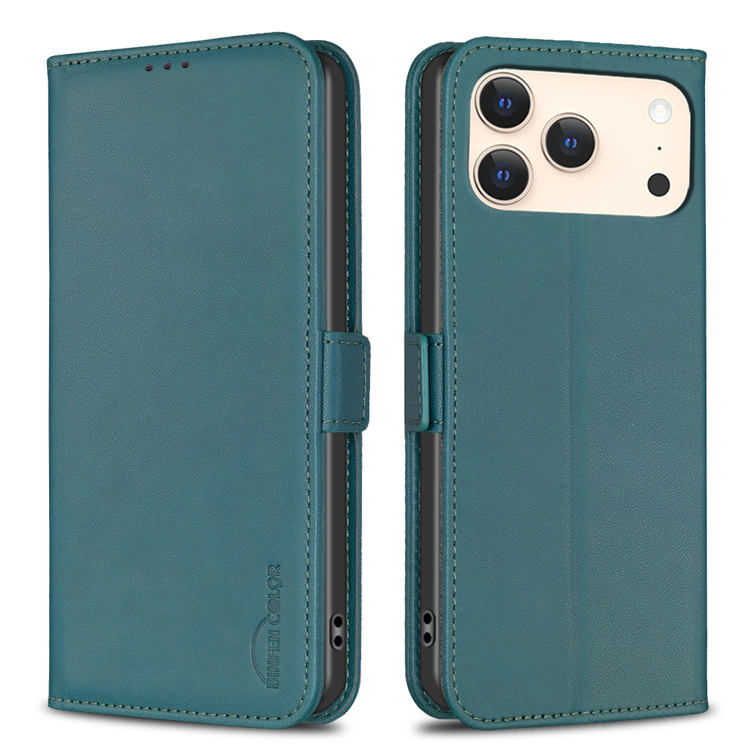 For iPhone 17 Pro Case BINFEN COLOR BF31  PU Leather Flip Folio Phone Wallet Cover - Green