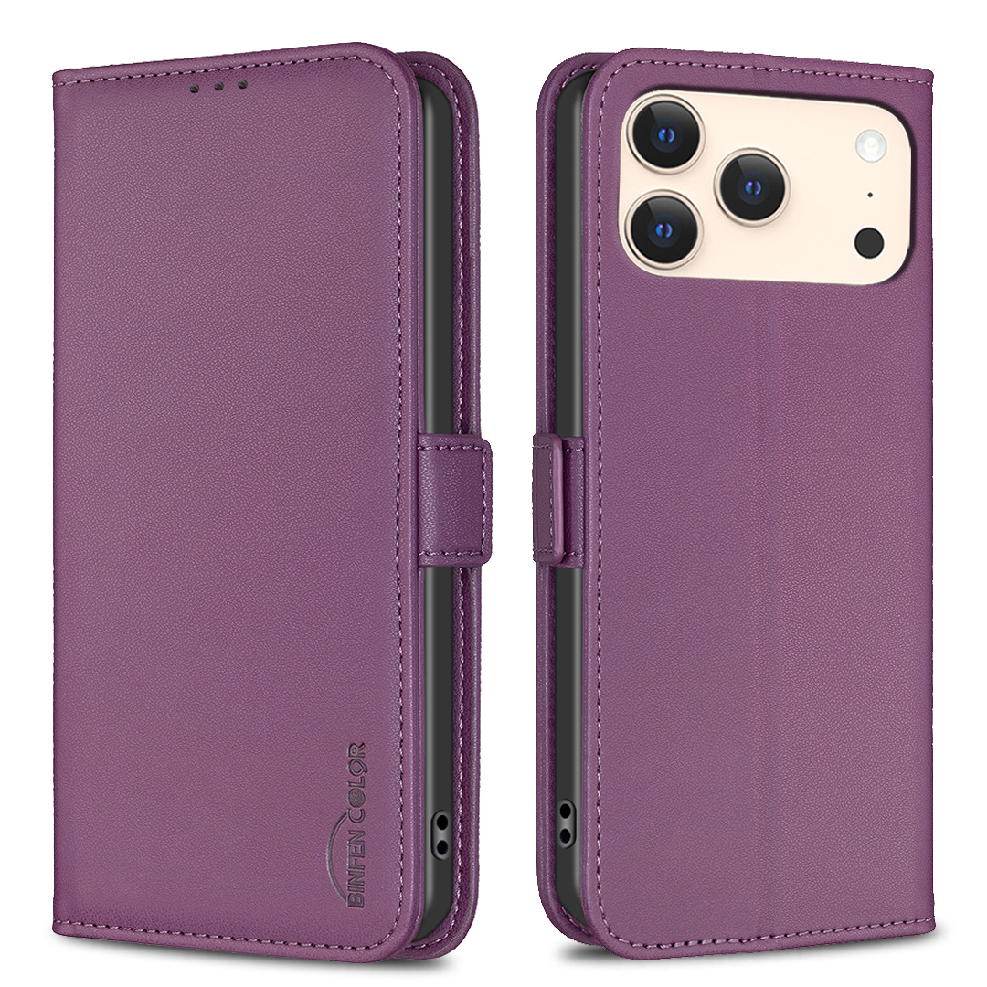 For iPhone 17 Pro Case BINFEN COLOR BF31  PU Leather Flip Folio Phone Wallet Cover - Dark Purple