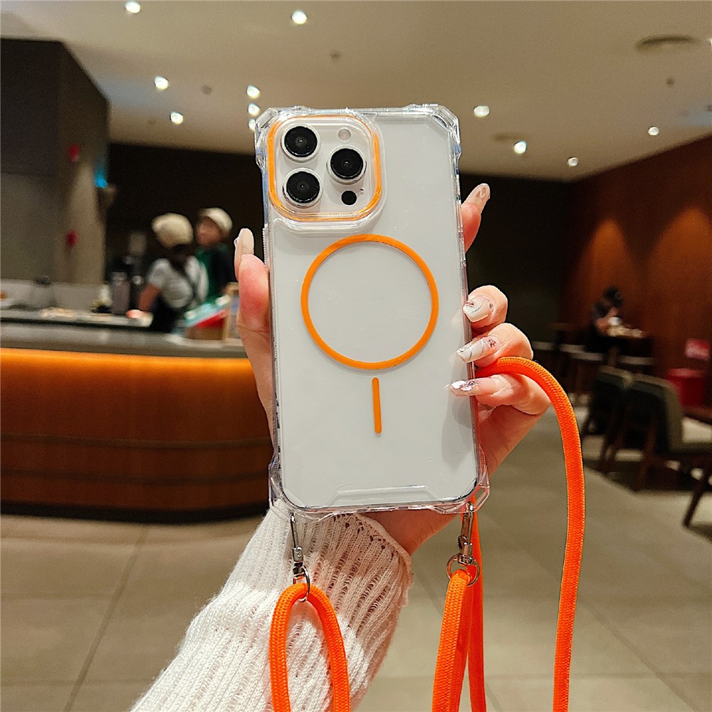 For iPhone 16 Pro Magnetic Case with Lanyard Drop-Proof TPU + PC Phone Back Cover - Orange