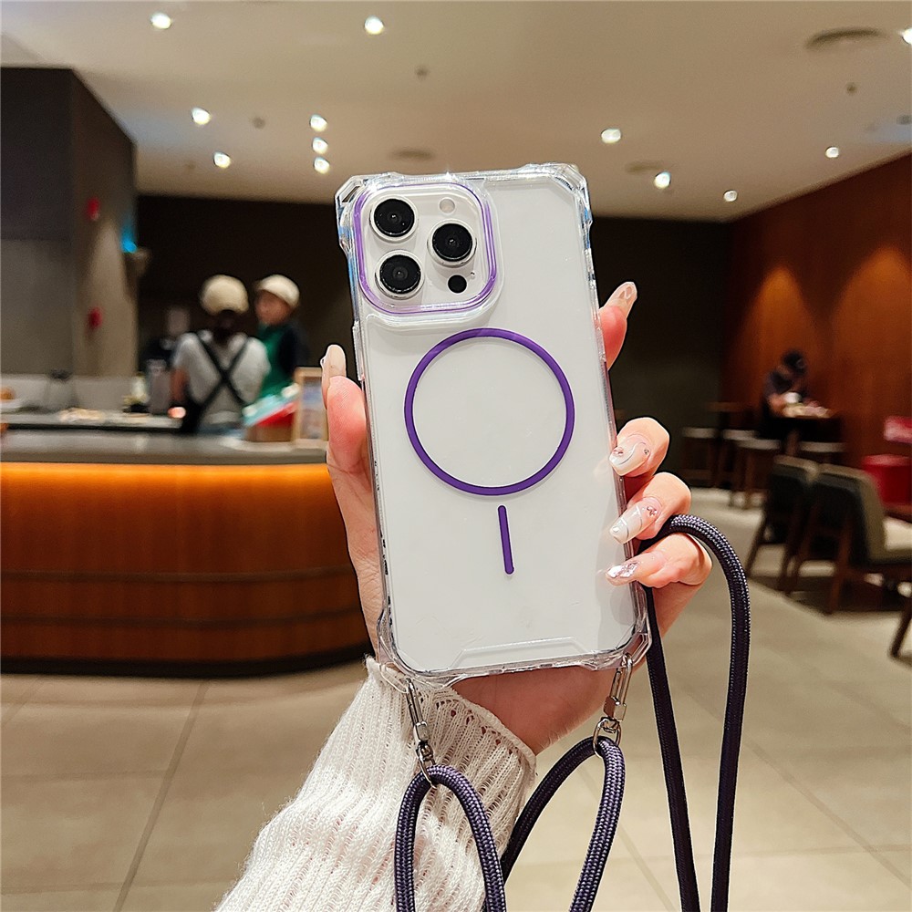For iPhone 15 Pro Magnetic Case with Lanyard Drop-Proof TPU + PC Phone Back Cover - Purple