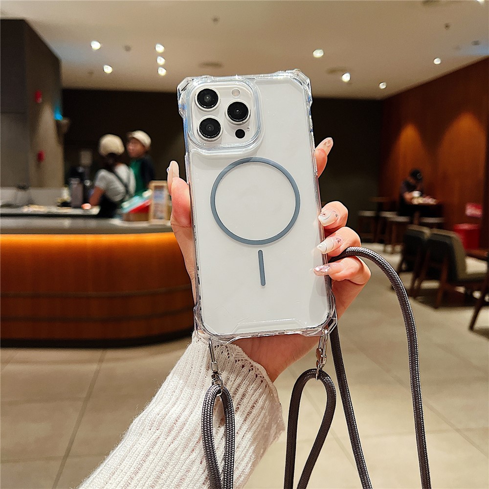 For iPhone 15 Pro Magnetic Case with Lanyard Drop-Proof TPU + PC Phone Back Cover - Grey