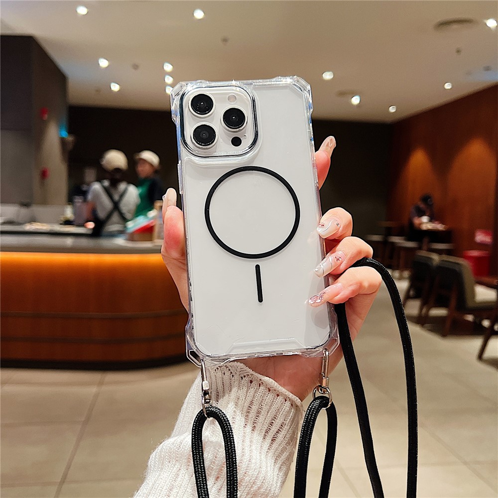 For iPhone 14 Pro Magnetic Case with Lanyard Drop-Proof TPU + PC Phone Back Cover - Black