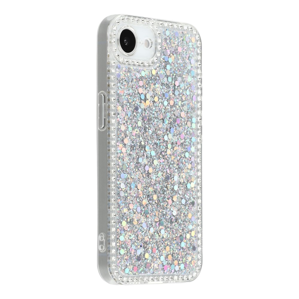For iPhone 16e Case Rhinestone Edge Glitter Epoxy TPU Phone Cover - Silver