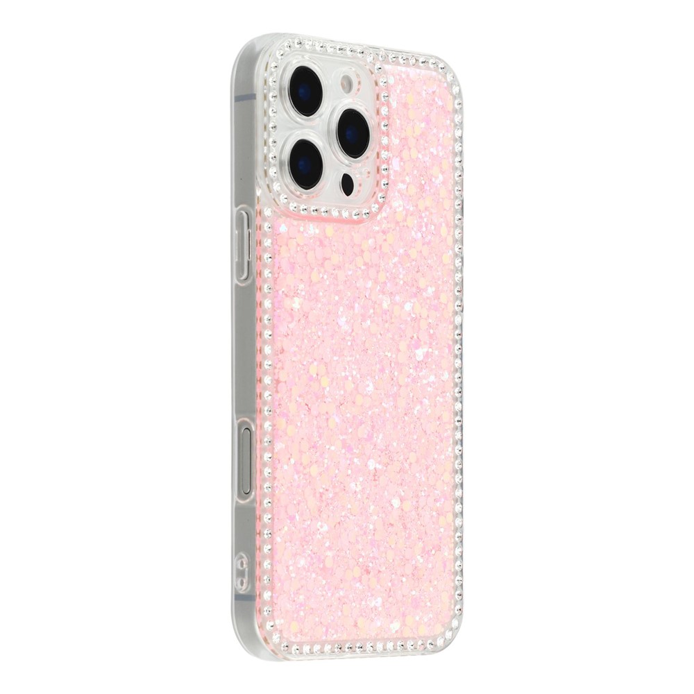 For iPhone 16 Pro Max Case Rhinestone Edge Glitter Epoxy TPU Phone Cover - Pink