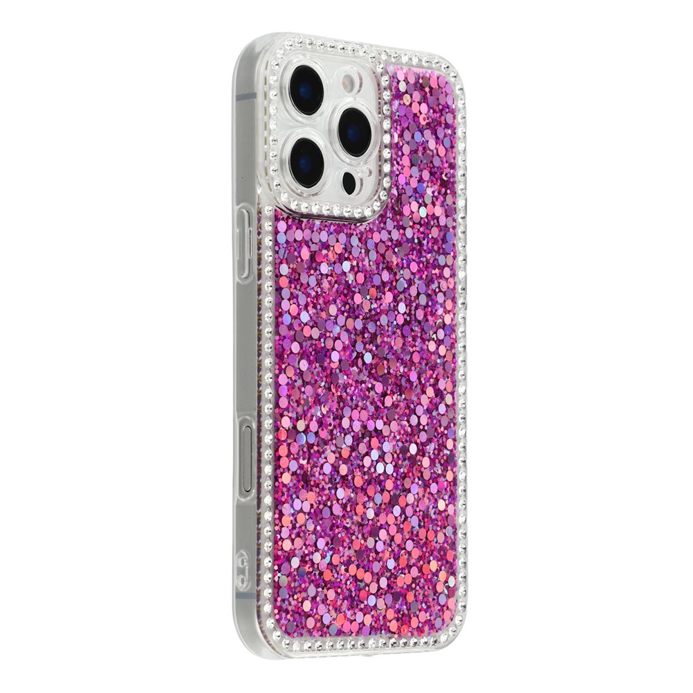 For iPhone 16 Pro Max Case Rhinestone Edge Glitter Epoxy TPU Phone Cover - Purple