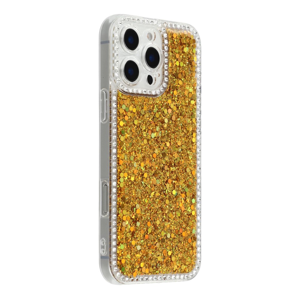 For iPhone 16 Pro Case Rhinestone Edge Glitter Epoxy TPU Phone Cover - Gold