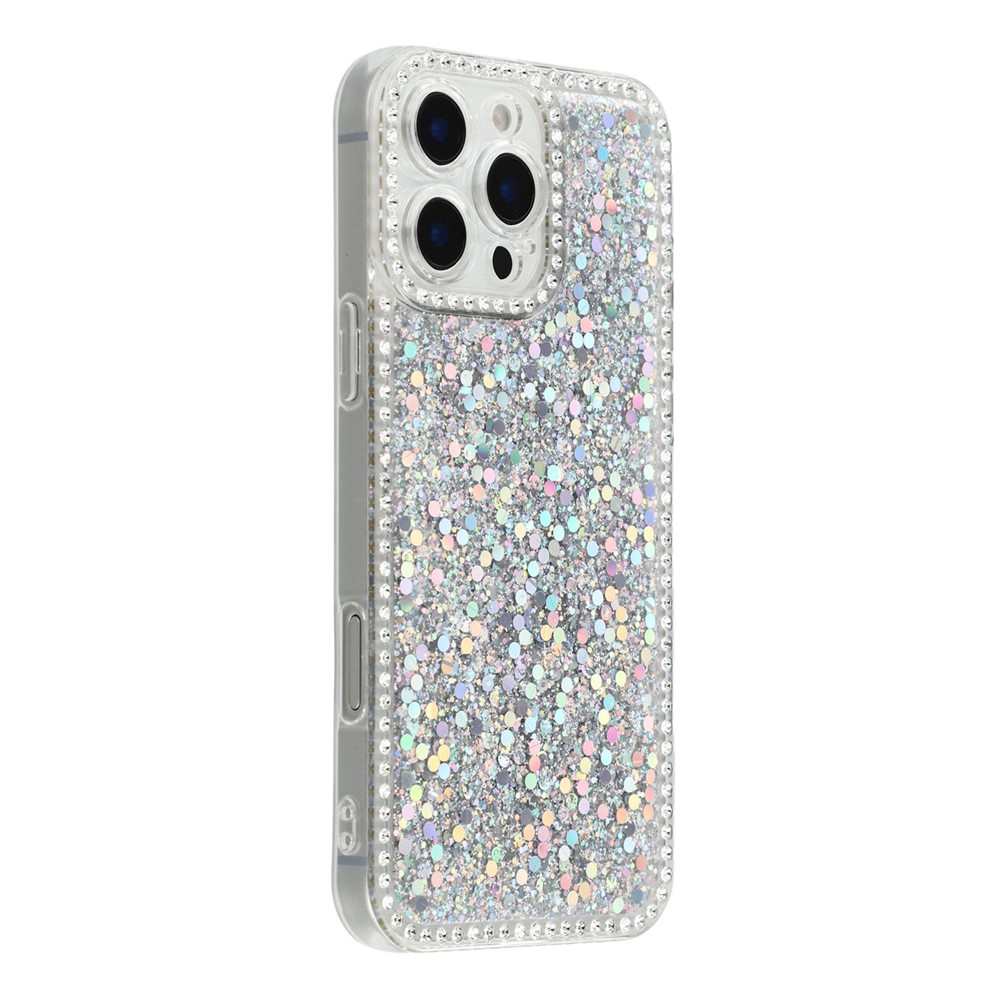 For iPhone 16 Pro Case Rhinestone Edge Glitter Epoxy TPU Phone Cover - Silver