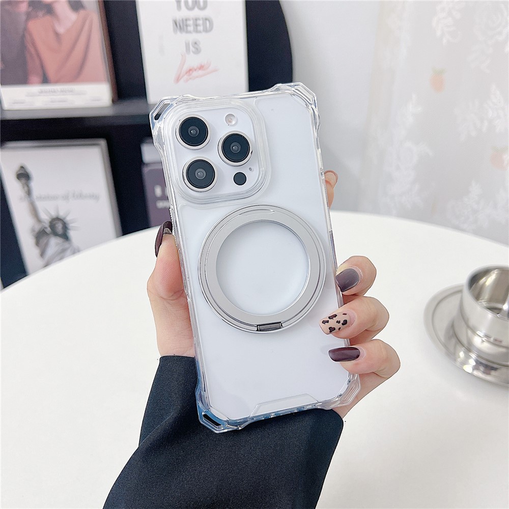 For iPhone 16 Pro Magnetic Case Ring Kickstand TPU + PC Phone Cover - Transparent