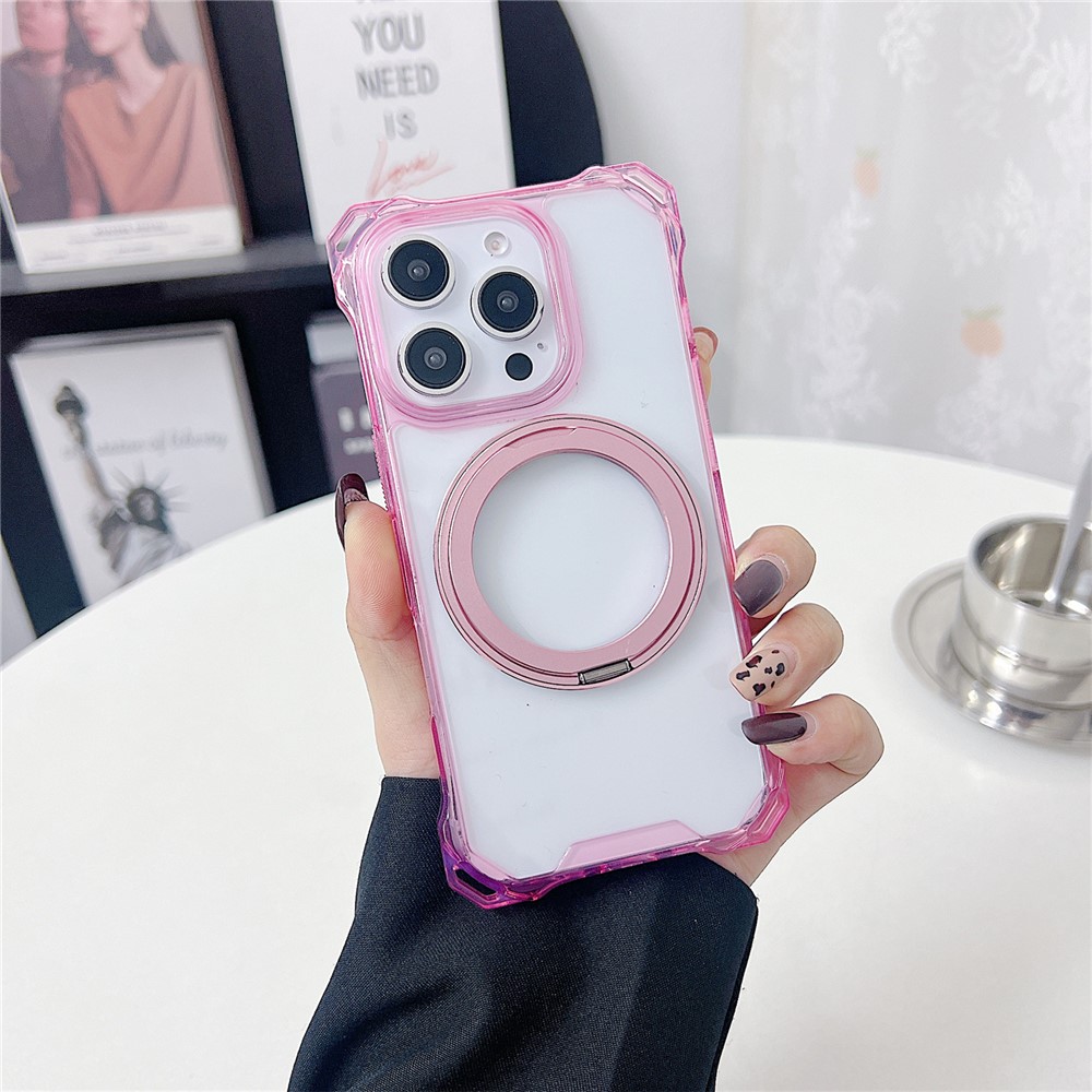 For iPhone 16 Pro Max Magnetic Case Ring Kickstand TPU + PC Phone Cover - Pink