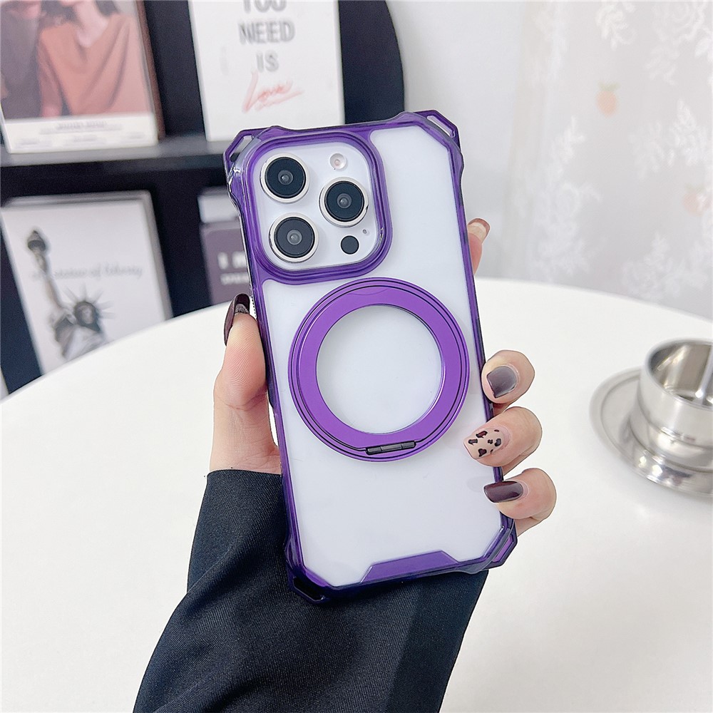 For iPhone 16 Pro Max Magnetic Case Ring Kickstand TPU + PC Phone Cover - Purple