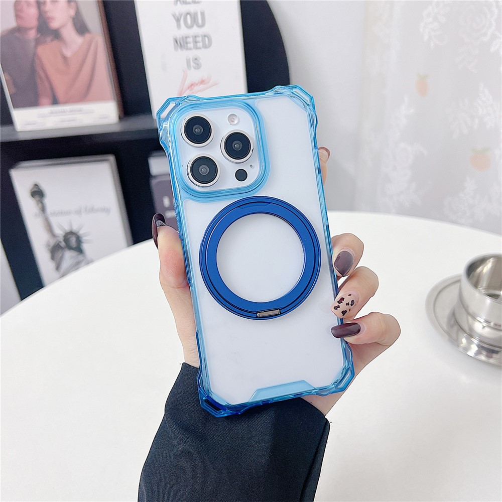 For iPhone 16 Pro Max Magnetic Case Ring Kickstand TPU + PC Phone Cover - Blue