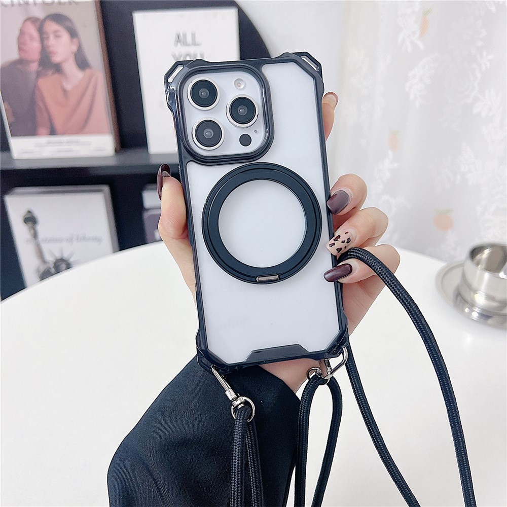 For iPhone 16 Pro Magnetic Case Ring Kickstand TPU + PC Phone Cover with Lanyard - Black